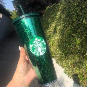 Starbucks holiday 2019 glitter green acrylic cold cup tumbler